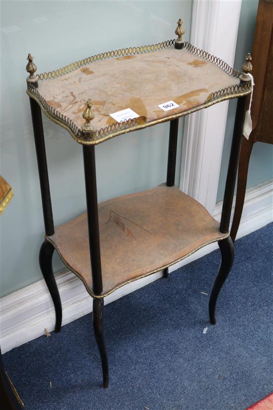 A small French ebonised and burrwood etagere	 W.36cm